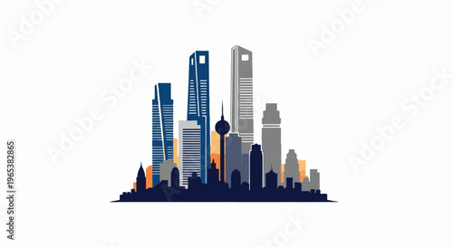 Stylized silhouette of a modern city skyline at dusk with diverse buildings