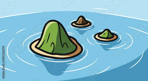 Cartoonish islands with green peaks rise from calm blue water with ripples
