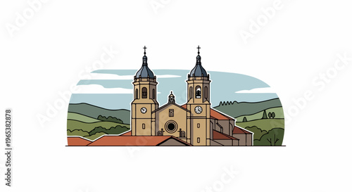 Stylized drawing of a church with twin bell towers against rolling green hills