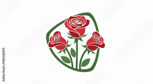 Stylized red roses and green leaves enclosed in a green outline