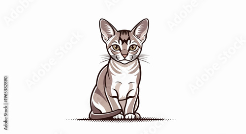 Stylized tabby cat with large ears sits attentively on a striped surface