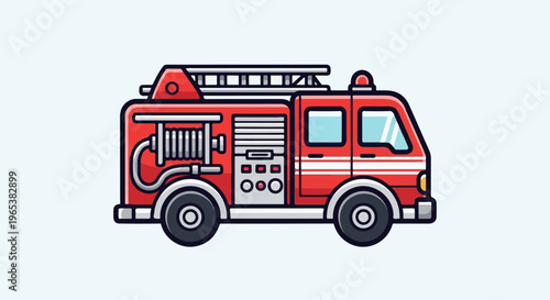 Cartoon red fire engine vehicle with hose reel and ladder