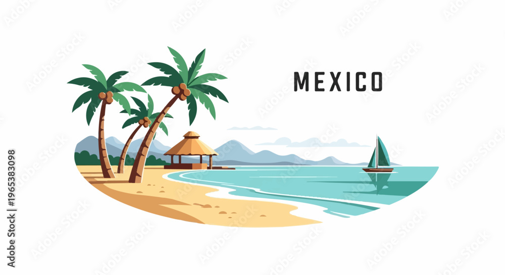 Fototapeta premium Tropical beach scene with palm trees, hut, sailboat, and mountains