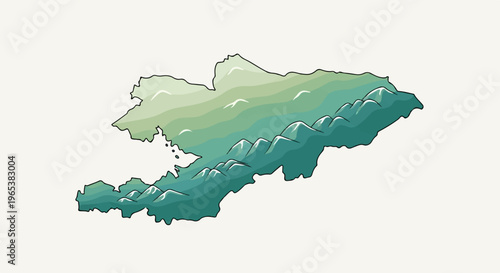 Stylized mountainous terrain depicted in varying shades of green and blue