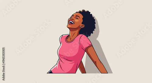 Woman with curly hair and bright pink shirt laughing joyfully