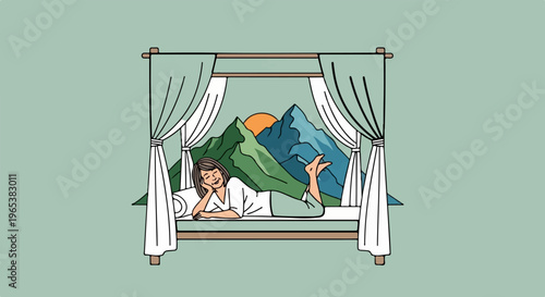 Woman relaxing in bed with a picturesque mountain and sunset view
