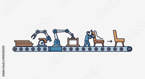 Automated assembly line creating wooden chairs with robotic arms and human worker
