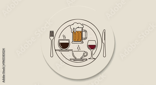 Stylized plate with fork, knife, beer, wine, and coffee