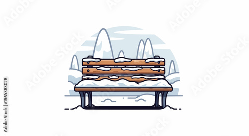 Wooden park bench covered in snow with mountains in background