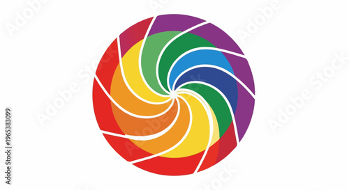 Swirling rainbow segments form a circular aperture on white