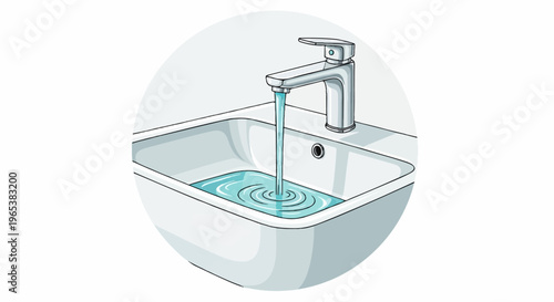 A white sink fills with clear, rippling water flowing from a modern chrome faucet