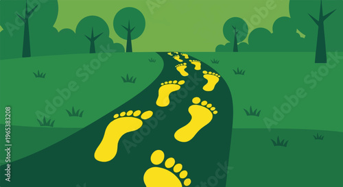 Yellow footprints pave a path through a stylized green forest landscape