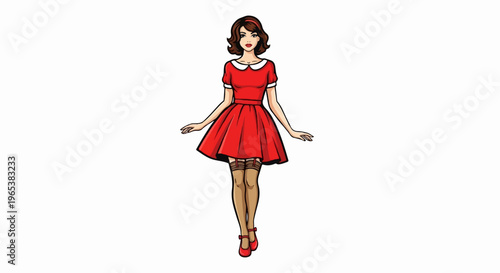 A vintage-style cartoon woman in a short red dress and stockings