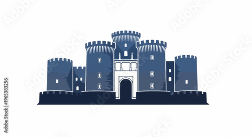 A stylized blue castle silhouette with multiple towers and an arched entrance