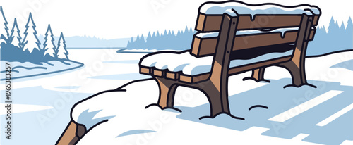 A solitary wooden bench sits snow-covered beside a frozen lake with distant pines