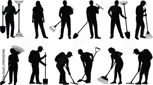 Gardening and landscaping workers silhouettes set with people holding rakes and shovels for yard work garden maintenance and outdoor cleaning