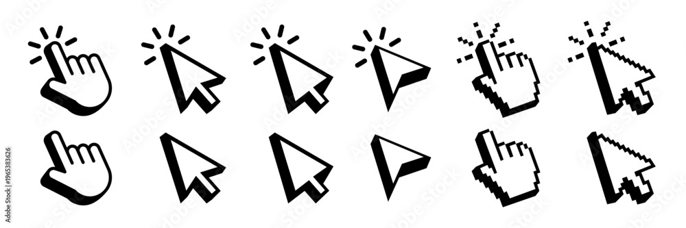 Obraz premium Pointer cursor сomputer mouse icon. Clicking cursor, pointing hand clicks icons. Click cursor. Vector Illustration.