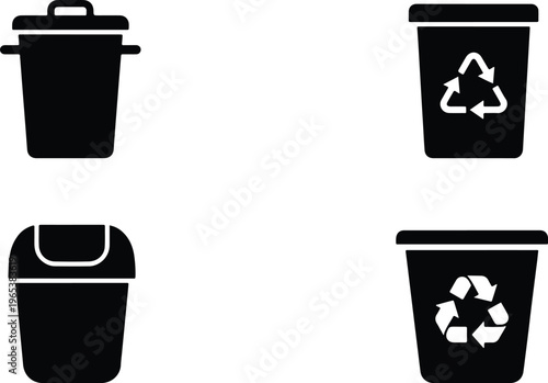 Four black trash cans with lids and recycling symbols on white background  waste management icons