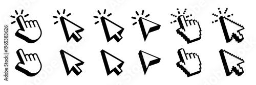 Pointer cursor сomputer mouse icon. Clicking cursor, pointing hand clicks icons. Click cursor. Vector Illustration.