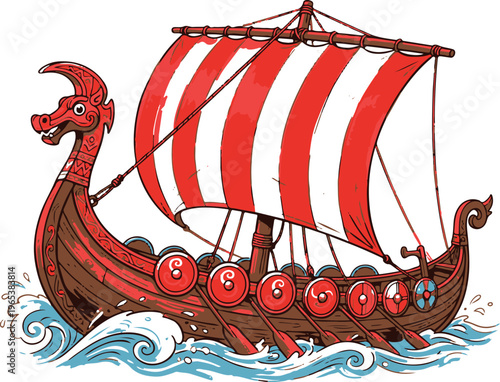 A traditional Viking longboat with a red and white striped sail sailing through the ocean waves