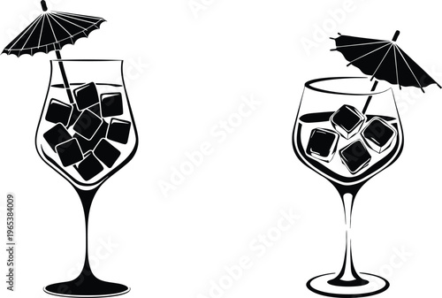 Two black silhouette cocktail glasses with ice cubes and paper umbrellas on transparent background.