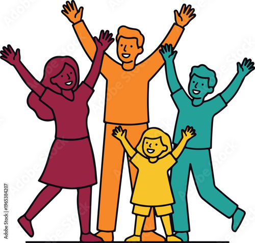 A colorful cartoon illustration of a happy family of four with their arms raised in joy and celebration