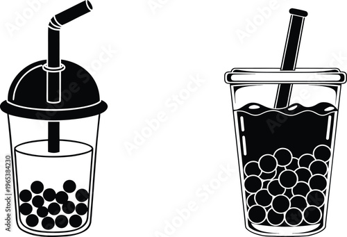 Two black silhouette bubble tea drinks with tapioca pearls and straws on transparent background vector illustration.