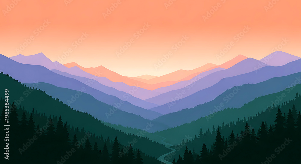 Obraz premium Serene mountain range at sunset with trees in foreground