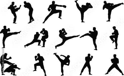 Martial arts silhouettes set with fighters performing karate kicks boxing punches and combat stances for sport fitness and self defense design