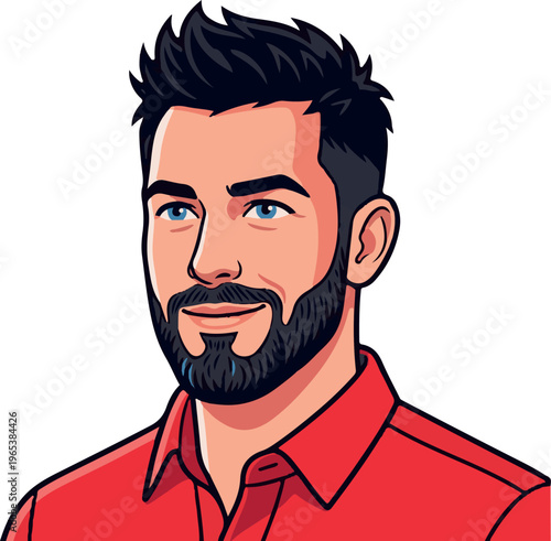 A cartoon illustration of a smiling man with dark hair and beard wearing a red collared shirt