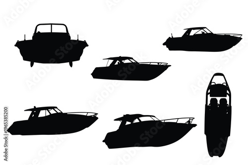 Motorboat and Speedboat Silhouette Vector Set Isolated on White Background