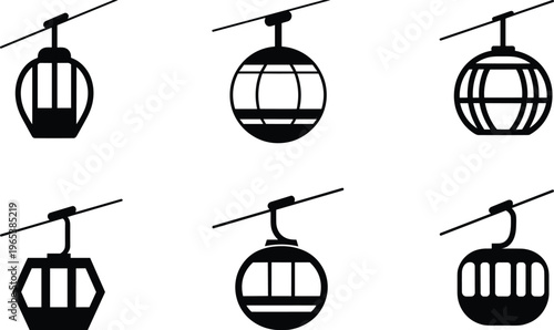 Set of Cable Car and Gondola Lift Vector Icons in Black Silhouette Style for Mountain Tourism Ski Resort and Transportation
