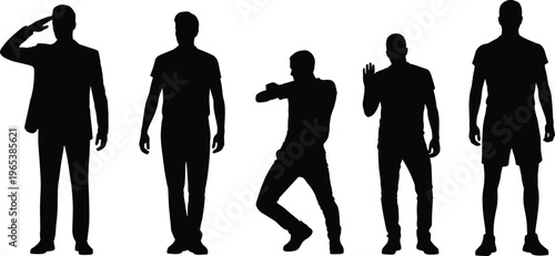 Silhouette Set of Men in Various Standing Poses Including Saluting Walking Dancing and Casual Postures for Character Design and Vector