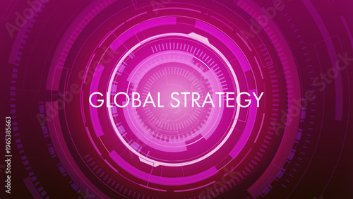 Abstract purple technology background with futuristic circular HUD and global strategy concept
