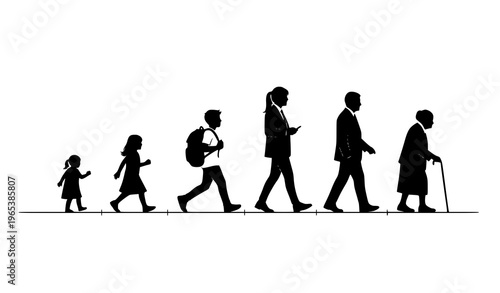 Aging process timeline silhouettes people vector illustration