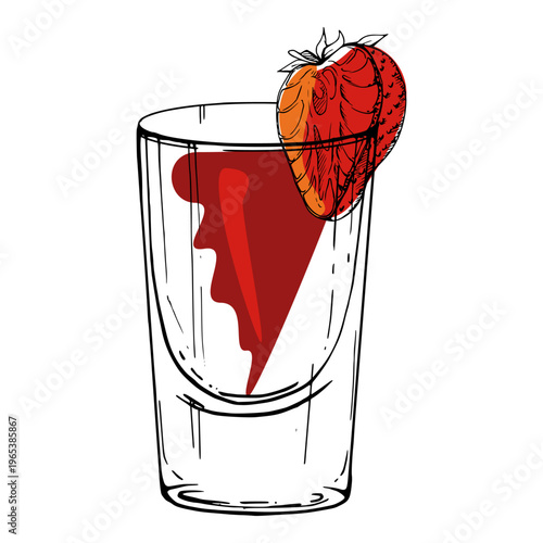Liqueur cocktail shot, tomato, fruit or berry juice, lemonade drink with clean red gradient and strawberry slice garnish. Vector illustration hand drawn in ink for party graphics or recipe icons.