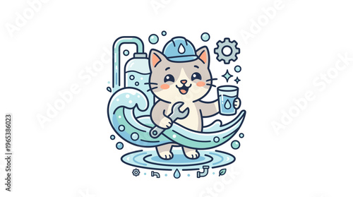 Cute Cartoon Cat Plumber with Water System