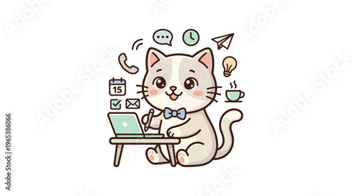 Cute Cartoon Cat Working on Laptop with Office Icons