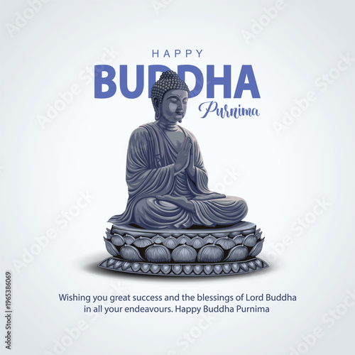 Happy Vesak Day, Buddha Purnima wishes greetings with buddha and lotus illustration. Can be used for poster, banner, logo, background, greetings, print design. abstract illustration design.