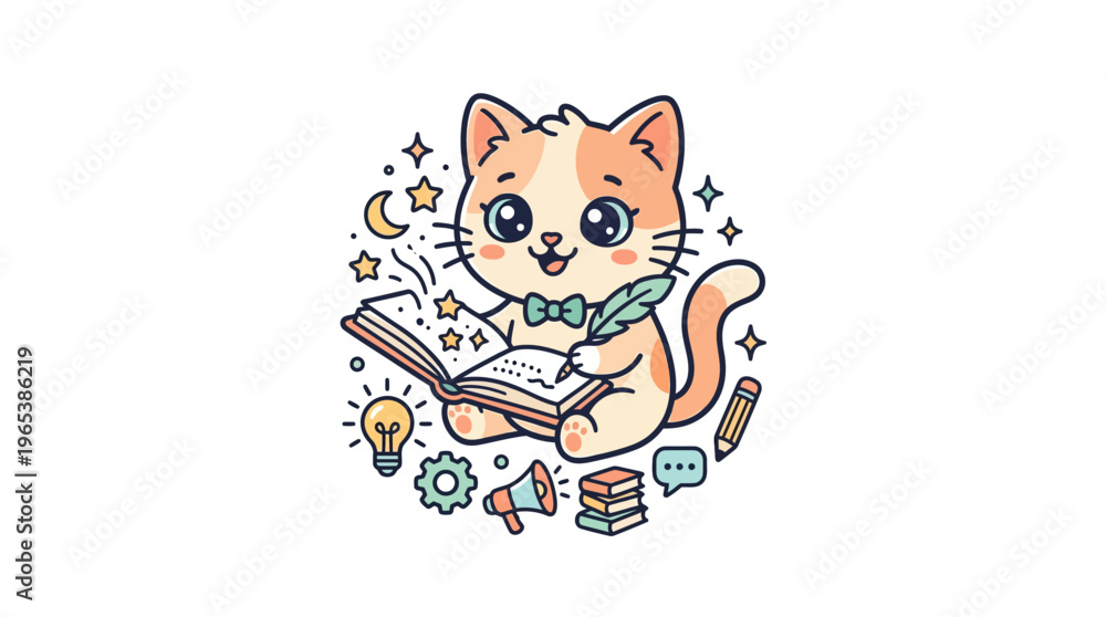 Obraz premium Cute Cartoon Cat Writing in a Magical Book