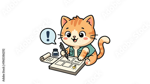Cute Cartoon Cat Writing on Notepad