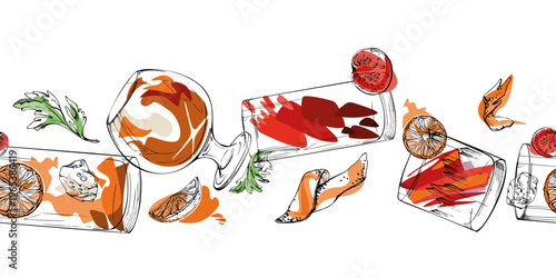 Ice tea, lemonade juice, alcoholic beverages, herb and citrus garnish. Orange red cocktail seamless strip, flat accents and minimal shapes. Hand drawn ink banner for festive promotions, product edges