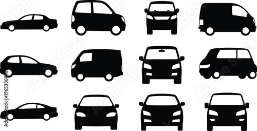 Vector set of black car silhouettes showing side and front views of sedans, vans, and hatchbacks for transport and traffic.