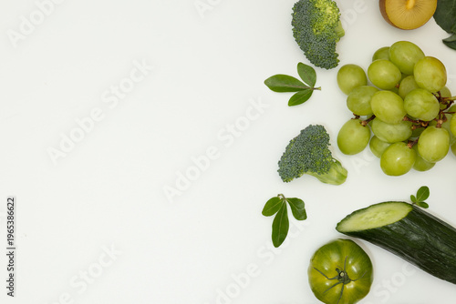 Green Fresh Fruits and Vegetables Right Side Border on White Background