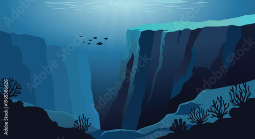 Cuadro en lienzo Flat vector illustration of an underwater cliff dropping into deep ocean