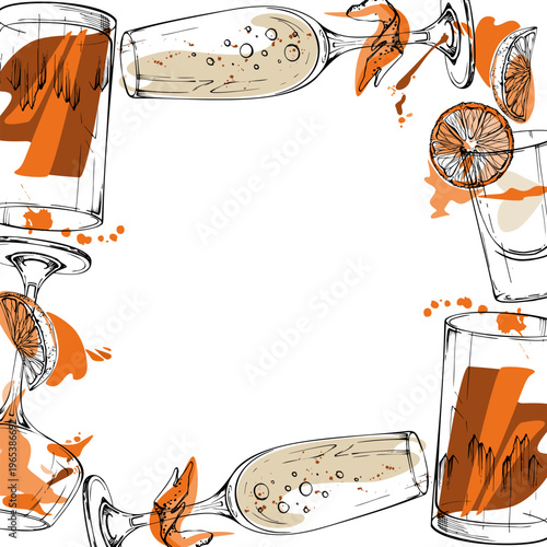 Bold frame of bubbly fiery cocktails. Champagne flute, whisky or brandy tumbler, clear spirits shot, orange juice splashes, slices and peel. Vector hand drawn border for festive banners, bar graphics