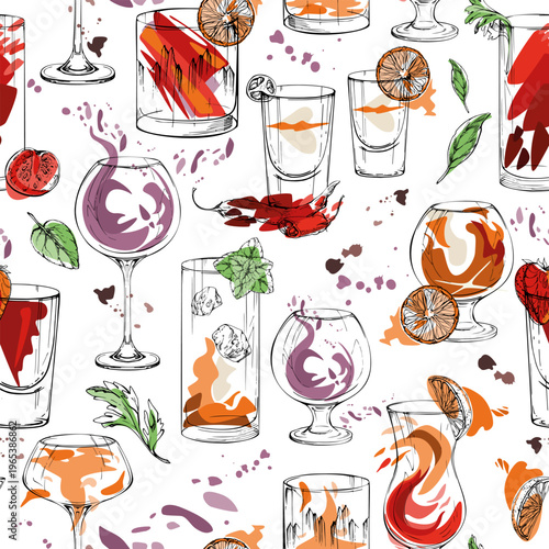Sangria wine, fruit juice swirl, ice tea summer drinks, mint and liquid splatter. Cocktail seamless tile with citrus slices. Hand drawn ink vector for cafe decor, lifestyle prints, culinary products.