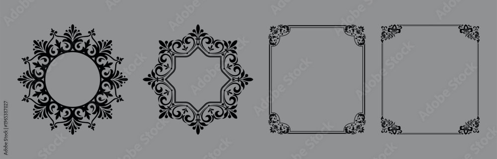 Obraz premium Set of decorative frames Elegant vector element for design in Eastern style, place for text. Floral black and gray frames. Lace illustration for invitations and greeting cards