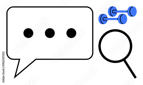 Speech bubble with ellipses, dumbbells, and magnifying glass. Ideal for communication, fitness, research, analysis, exploration discussions teamwork. Bold and simple flat metaphor