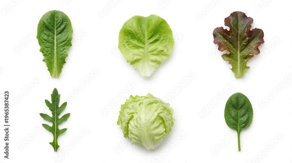 Obraz premium Set of lettuce leaves: Romaine Lactuca sativa, Arugula Eruca sativa and Spinach Spinacia oleracea on a white background